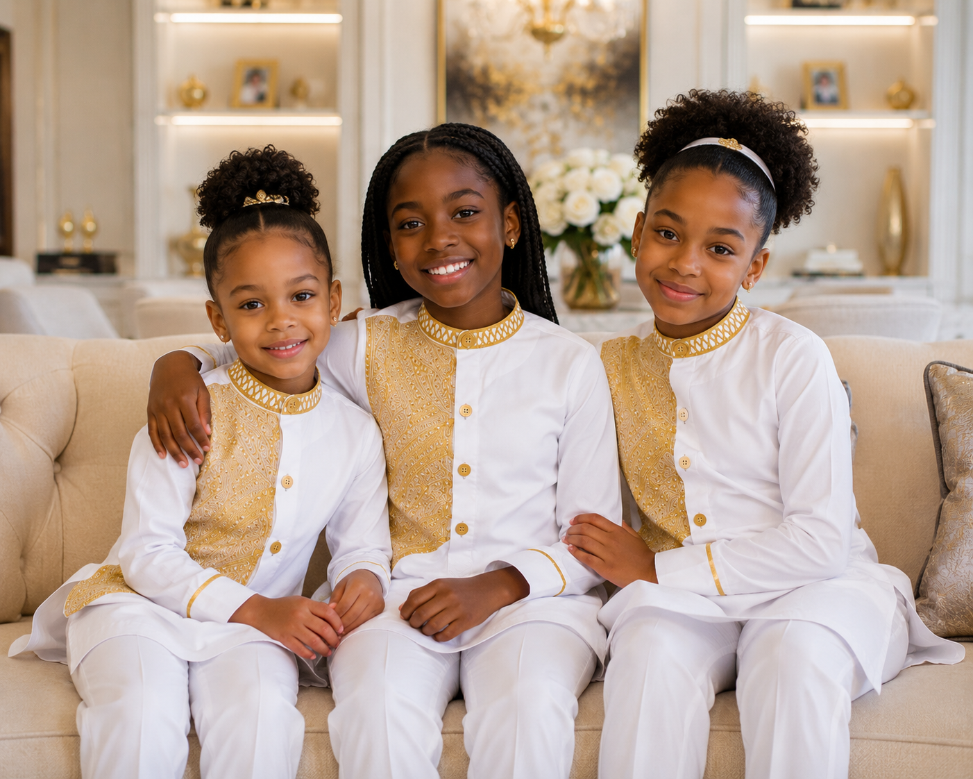 Girls White African Kaftan Set with Pants | Traditional African Wear for Girls