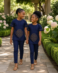 Thanksgiving two piece for Girls, Tunic Set, Church Wear, Birthday Outfit, Wedding Guest Set, Girls Navy Blue Embroidered Two Piece Outfit,