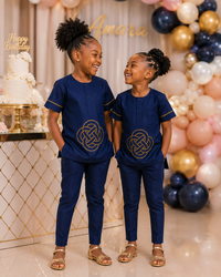 Thanksgiving two piece for Girls, Tunic Set, Church Wear, Birthday Outfit, Wedding Guest Set, Girls Navy Blue Embroidered Two Piece Outfit,