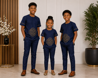 Page Boys Navy Blue Embroidered Two Piece Outfit, Ring Bearer Outfit, Thanksgiving Tunic, Traditional African Outfit for Boys, Church Wear