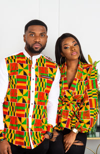 African Attire for Men | Kente Shirt for Men - Grandad Collar Patch Shirt - KENDRICK