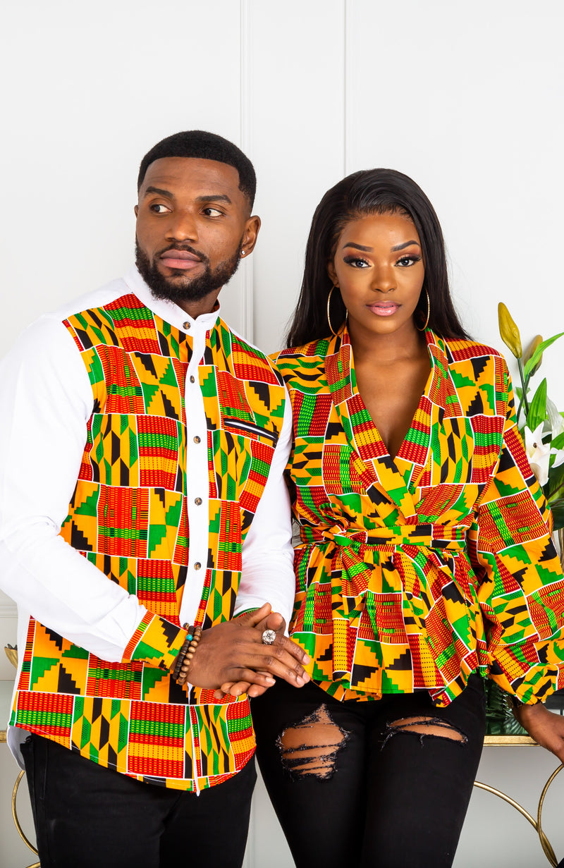 African Attire for Men | Kente Shirt for Men - Grandad Collar Patch Shirt - KENDRICK