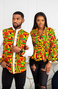 African Attire for Men | Kente Shirt for Men - Grandad Collar Patch Shirt - KENDRICK