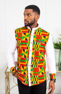 African Attire for Men | Kente Shirt for Men - Grandad Collar Patch Shirt - KENDRICK