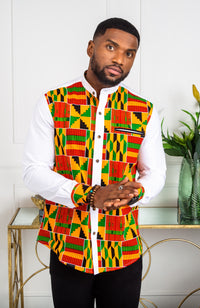 African Attire for Men | Kente Shirt for Men - Grandad Collar Patch Shirt - KENDRICK