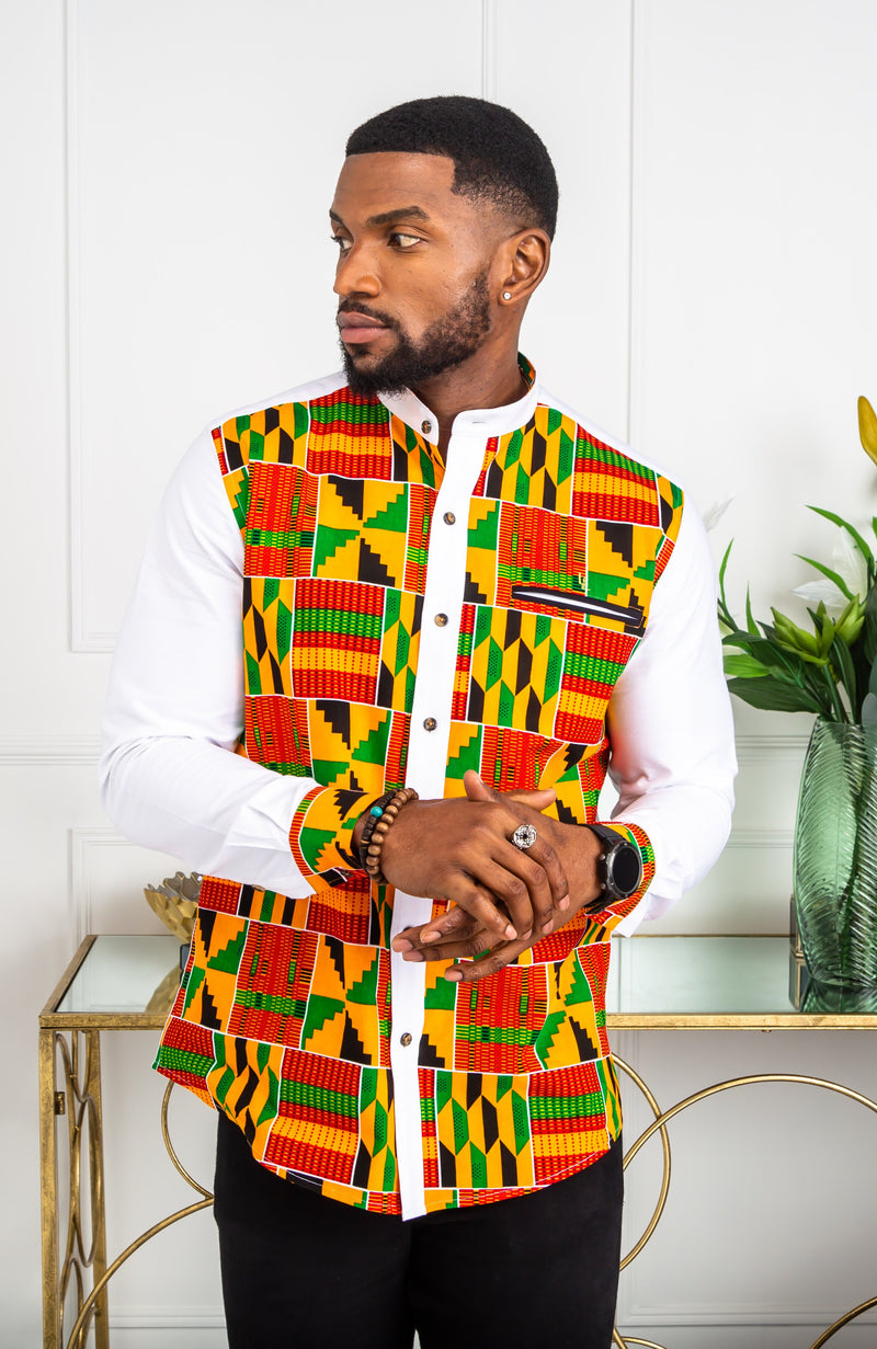 African Attire for Men | Kente Shirt for Men - Grandad Collar Patch Shirt - KENDRICK