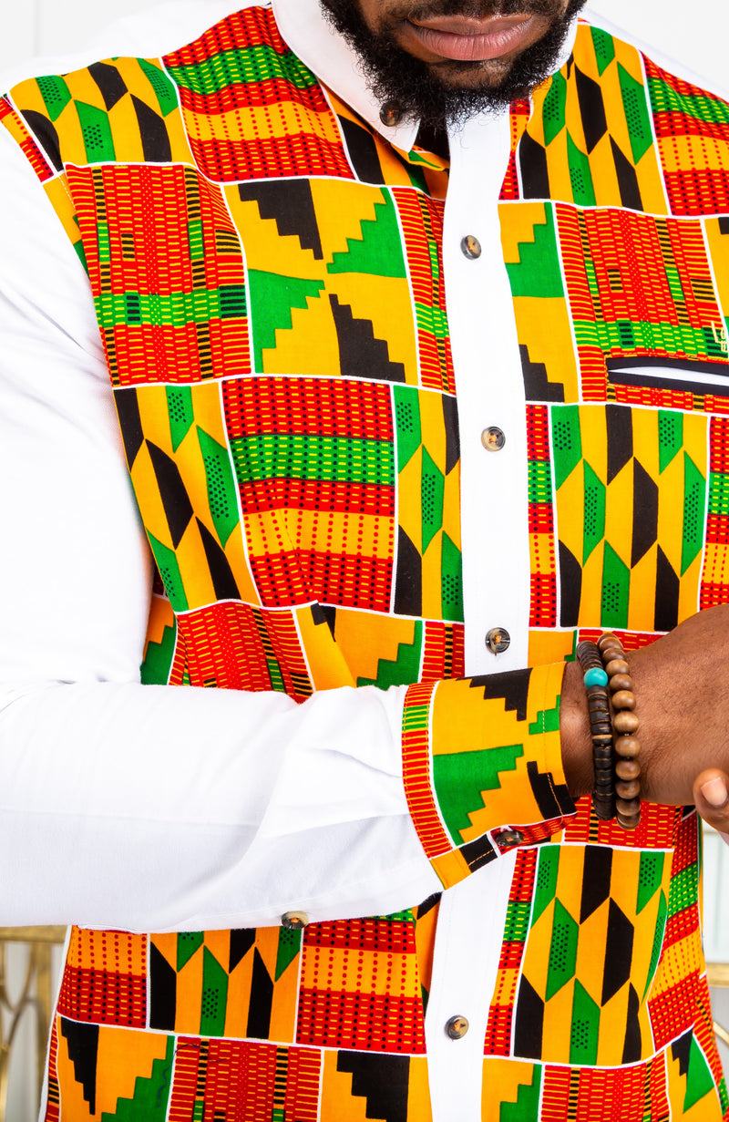 African Attire for Men | Kente Shirt for Men - Grandad Collar Patch Shirt - KENDRICK