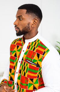 African Attire for Men | Kente Shirt for Men - Grandad Collar Patch Shirt - KENDRICK