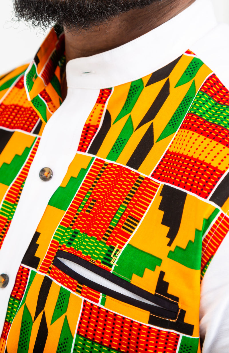 African Attire for Men | Kente Shirt for Men - Grandad Collar Patch Shirt - KENDRICK