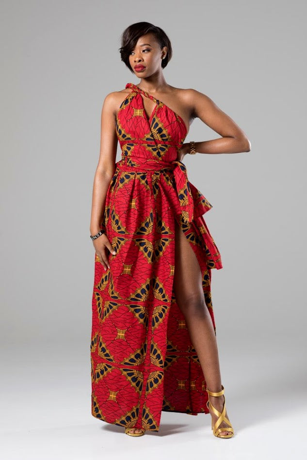 red african dresses design Red African print flared wrap dress