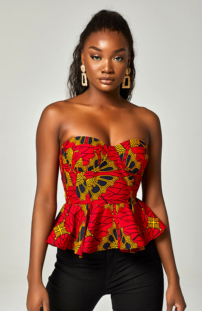 Ankara African Print Sleeveless Corset Peplum Red Blouse - Cordelia