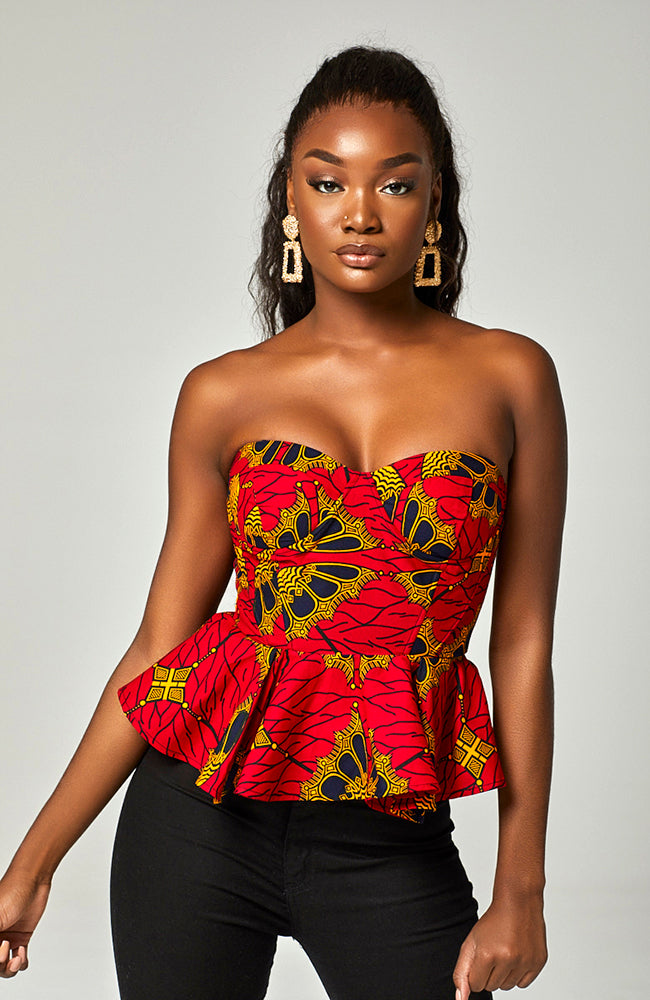 Ankara African Print Sleeveless Corset Peplum Red Blouse - Cordelia