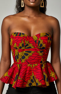 Ankara African Print Sleeveless Corset Peplum Red Blouse - Cordelia