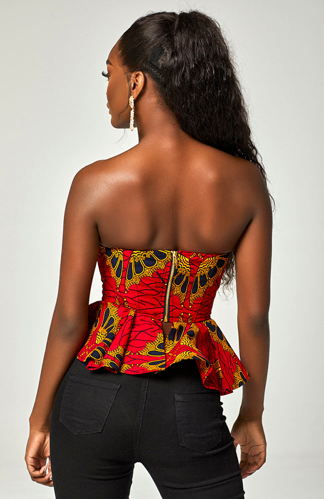 Ankara African Print Sleeveless Corset Peplum Red Blouse - Cordelia