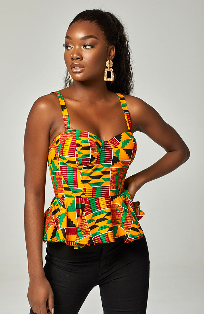 Oreofe Bustier Top (Sleeveless Workout Sports Crop Top in Orange Brown and  Cream Floral Stretchy African Ankara Kente)