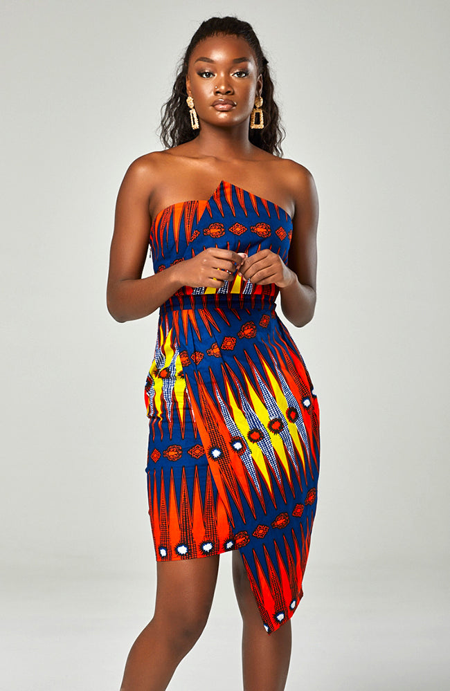 Ankara Asymmetric Tube Fold Over Strapless Red Midi Dress - JERICA
