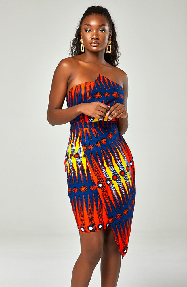 Ankara Asymmetric Tube Fold Over Strapless Red Midi Dress - JERICA