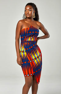 Ankara Asymmetric Tube Fold Over Strapless Red Midi Dress - JERICA