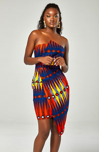 Ankara Asymmetric Tube Fold Over Strapless Red Midi Dress - JERICA
