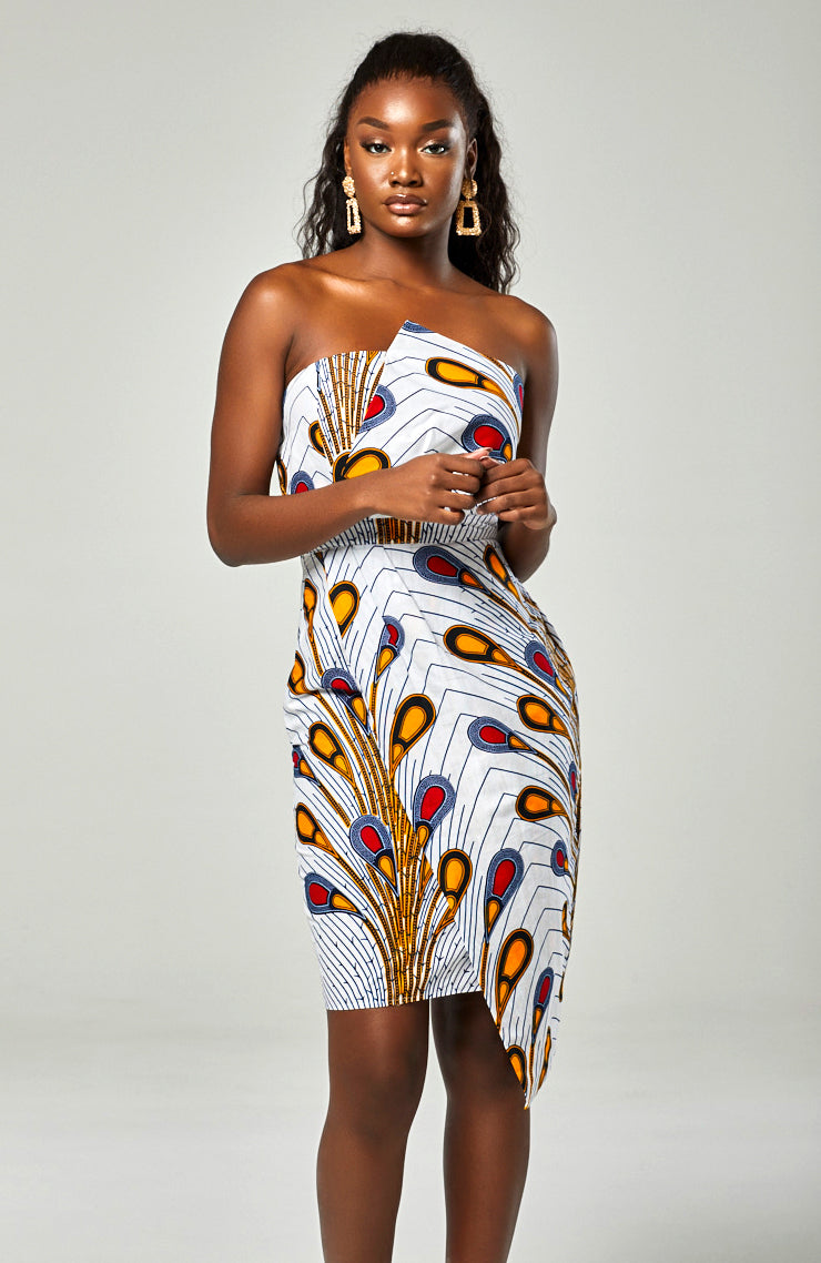 African Print Asymmetric Tube Fold Over Strapless Midi Dress - PAMELA