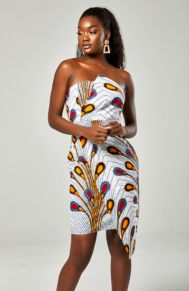 African Print Asymmetric Tube Fold Over Strapless Midi Dress - PAMELA