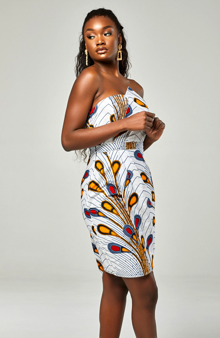 African Print Asymmetric Tube Fold Over Strapless Midi Dress - PAMELA