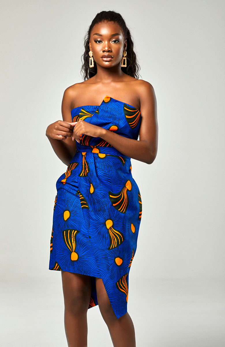 Ankara African Print Asymmetric Tube Fold Over Strapless Midi Dress - Sheila