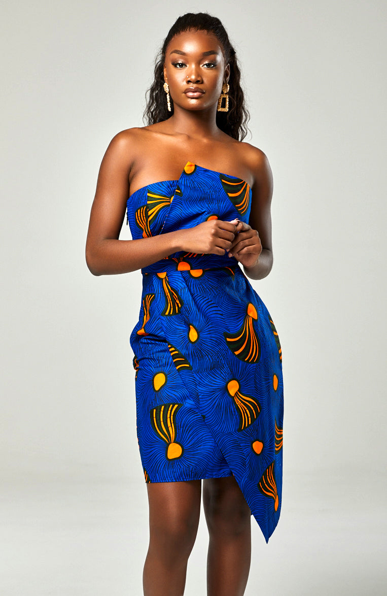 Ankara African Print Asymmetric Tube Fold Over Strapless Midi Dress - Sheila
