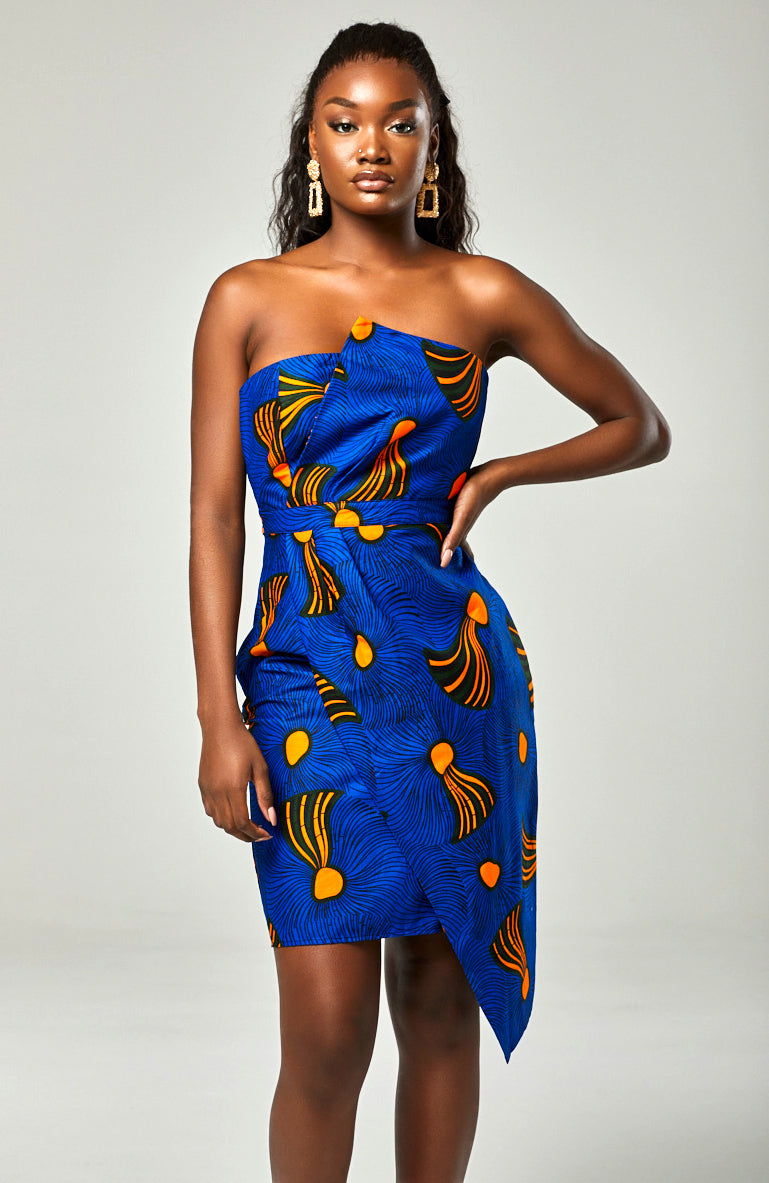 Ankara African Print Asymmetric Tube Fold Over Strapless Midi Dress - Sheila
