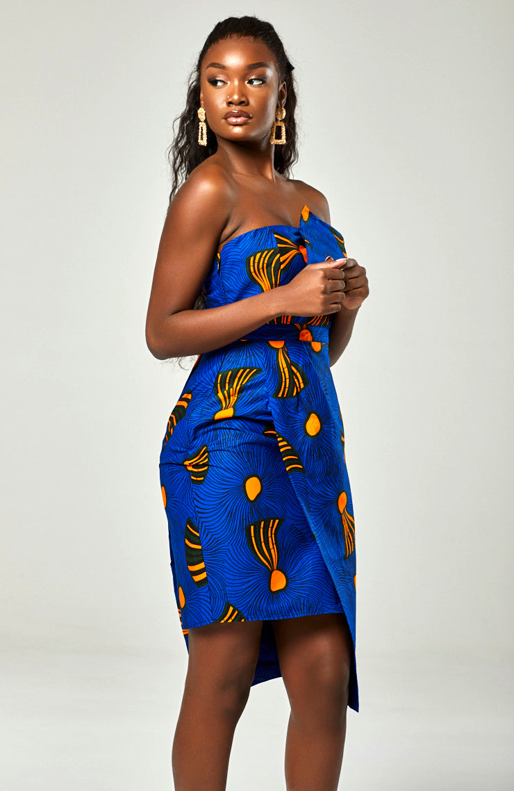 Ankara African Print Asymmetric Tube Fold Over Strapless Midi Dress - Sheila