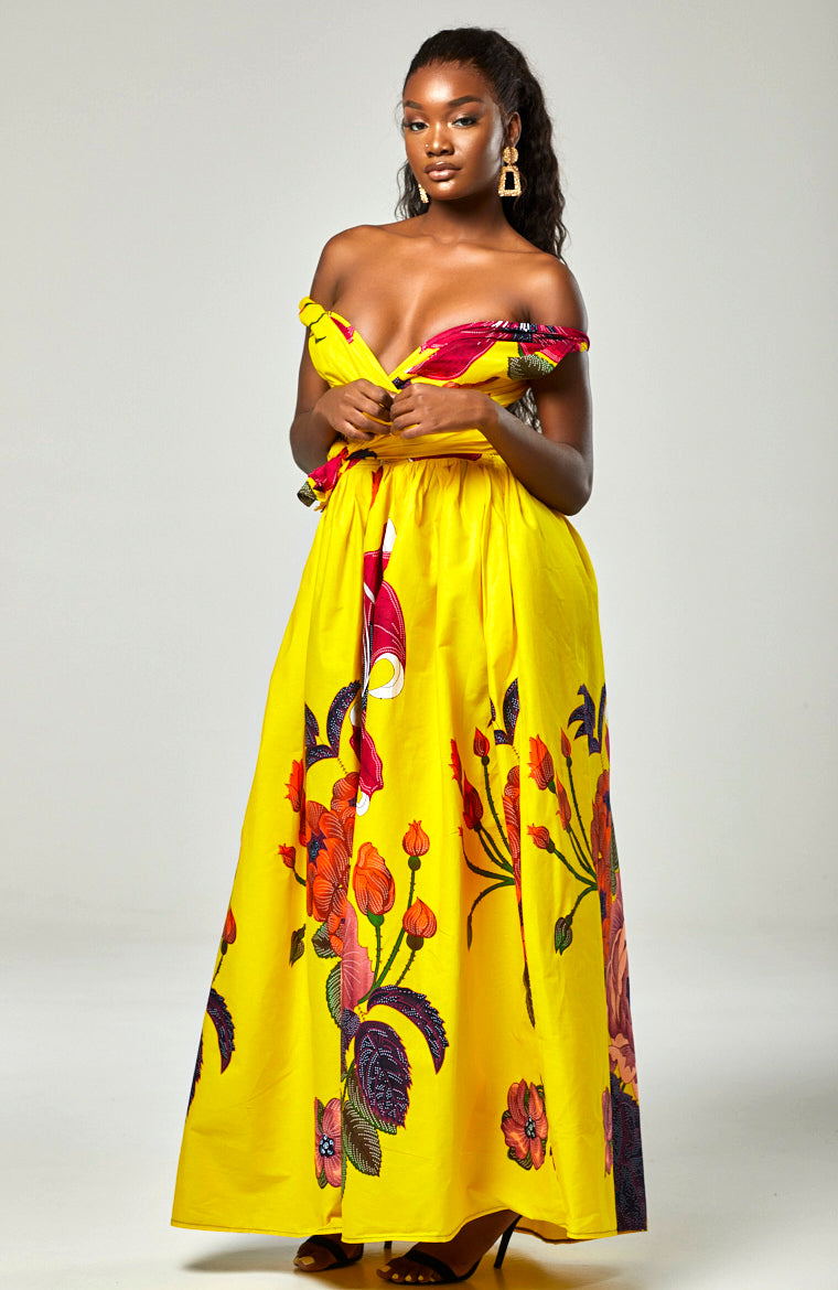 African Print Yellow Infinity Multiway Maxi Dress - CARLA