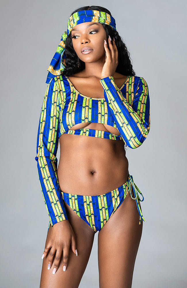 African Print Long-sleeved Underboob Bikini Swimsuit Top - ZABRINA