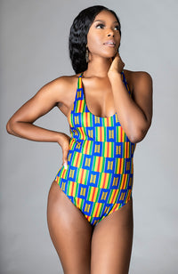 Kente African Print Top One Piece Lace Up Bodysuit - Marianna