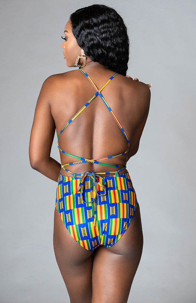 Kente African Print Top One Piece Lace Up Bodysuit - Marianna