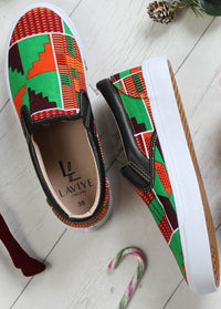 Men's African Slip On Sneakers | LAVIYE Green Kente Sneakers - ACCRA