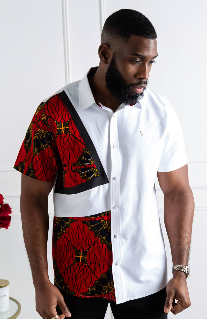 African Print Button Down Shirt | Asymmetric Short Sleeve Shirt - CHARLES