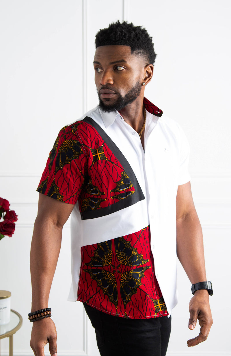 African Print Button Down Shirt | Asymmetric Short Sleeve Shirt - CHARLES