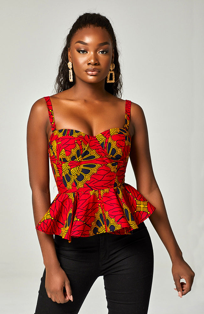 最旬トレンドパンツ Ankara African Print Sleeveless Corset Peplum Red Blouse トップス