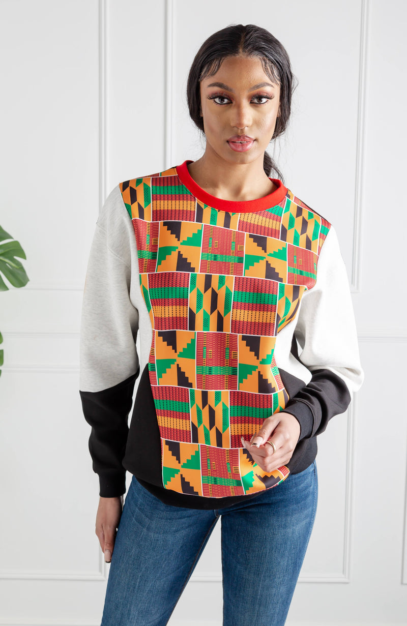 Kente Crew Neck African Print Sweatshirt for Women | V Block | KUMASI