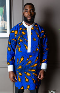 Men's Grandad Collar Etibo Shirt | Long Length African Print Shirt - ELIJAH