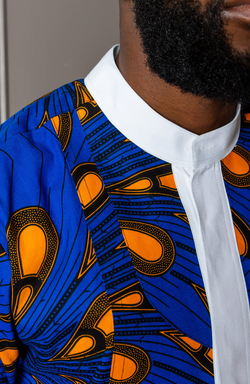 Men's Grandad Collar Etibo Shirt | Long Length African Print Shirt - ELIJAH