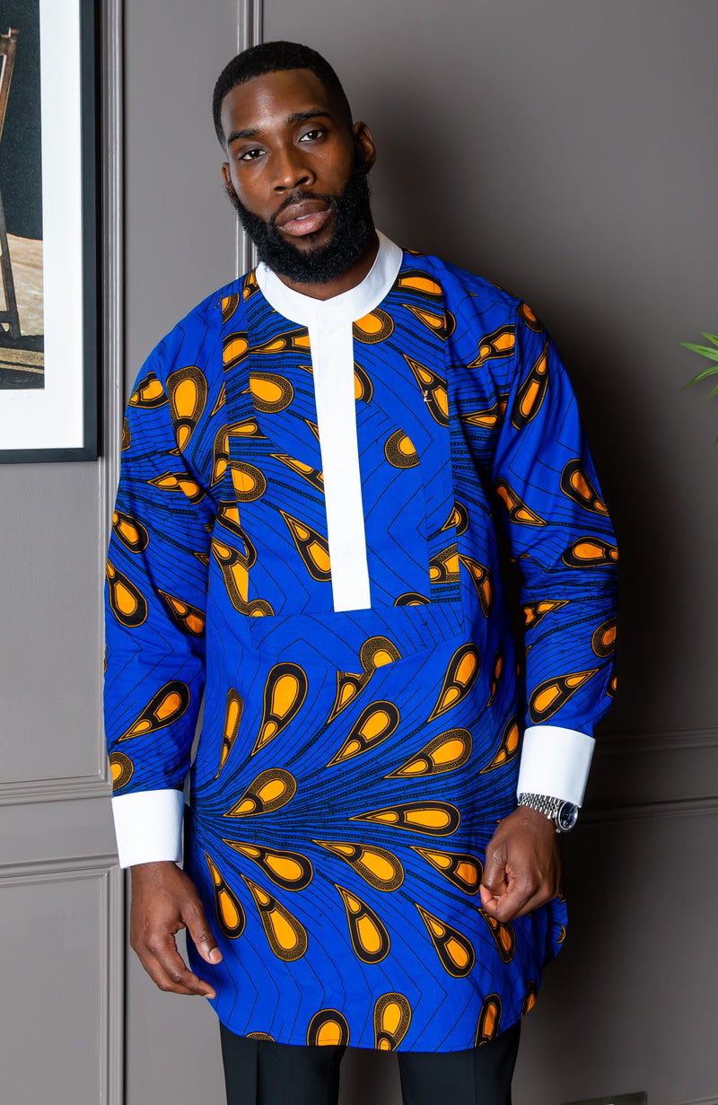 Men's Grandad Collar Etibo Shirt | Long Length African Print Shirt - ELIJAH