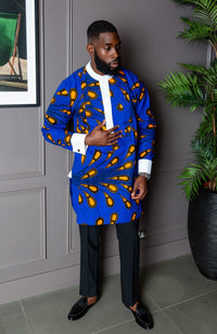 Men's Grandad Collar Etibo Shirt | Long Length African Print Shirt - ELIJAH