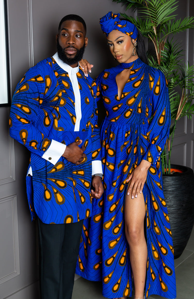 Blue Long Sleeve African Maxi Dress | African Party Dress - ELLA