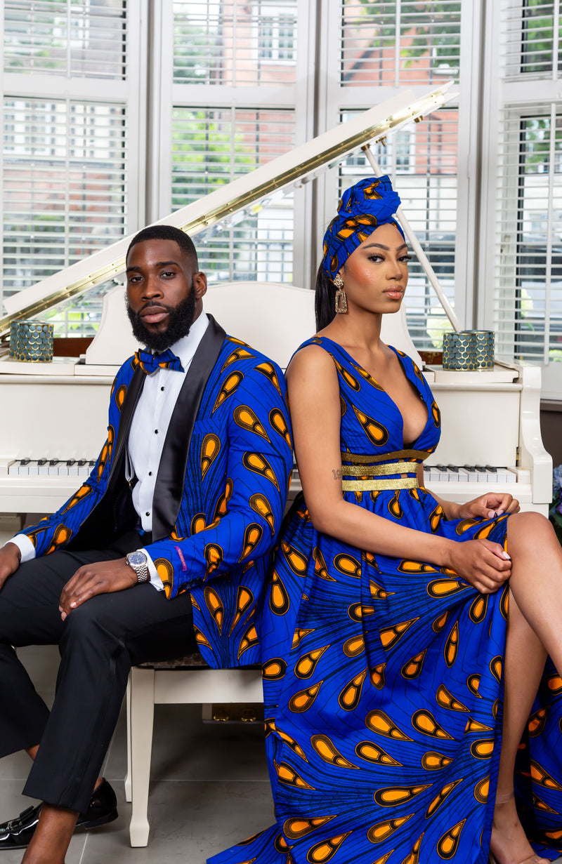 African Print Blue Plunge Neckline Maxi Dress - ELLA LAVIYE African Print Blue Plunge Neckline Maxi Dress - ELLA LAVIYE