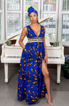 African Print Blue Plunge Neckline Maxi Dress - ELLA