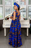 African Print Blue Plunge Neckline Maxi Dress - ELLA