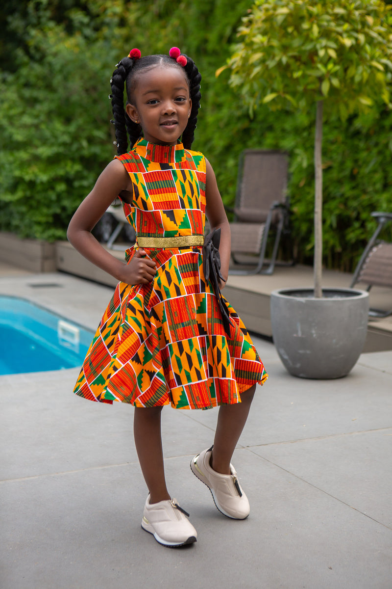 Little Girl's Party Dress | African Print High Neck Midi Dress Little Girl's Party Dress | African Print High Neck Midi Dress