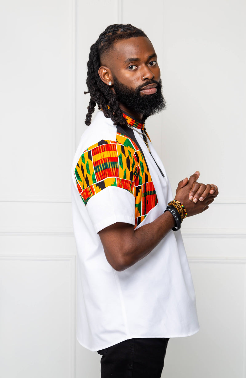 African Print Polo Shirt for Men | Kente Shirt for Men - Short Sleeve Asymmetric Shirt - KENDRICK