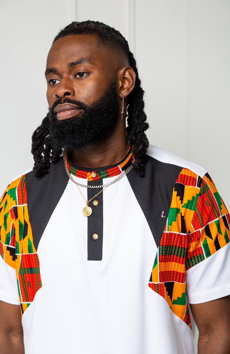 African Print Polo Shirt for Men | Kente Shirt for Men - Short Sleeve Asymmetric Shirt - KENDRICK